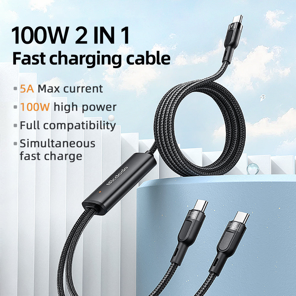 MCDODO 100W 2 in 1 PD Fast Charging Cable Type-C to Dual Type-C