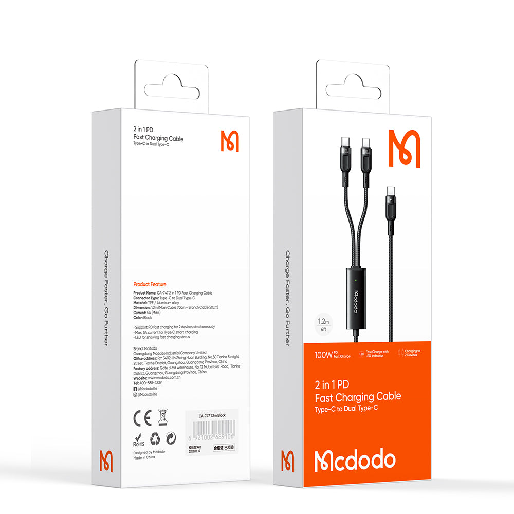 MCDODO 100W 2 in 1 PD Fast Charging Cable Type-C to Dual Type-C