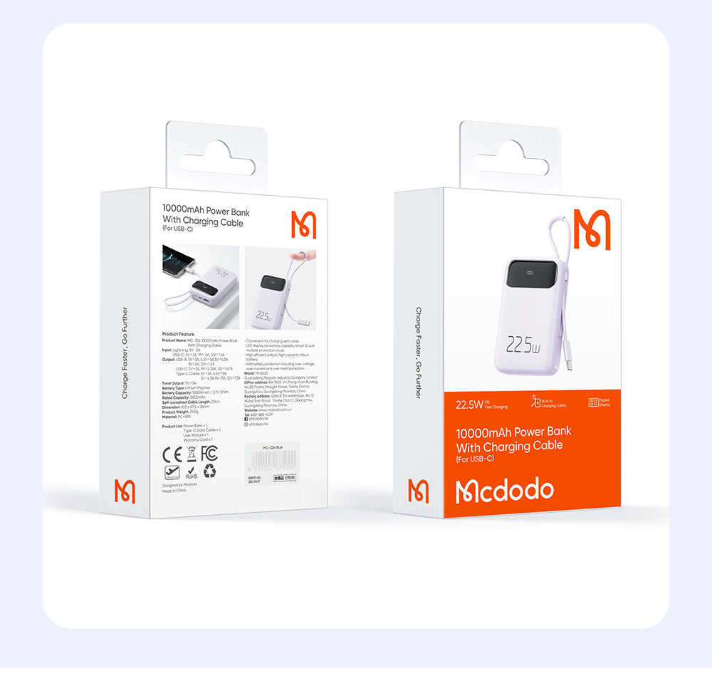 MCDODO 10000mAh 20W PD + QC Power Bank Built-in Cable with Digital Display Type C