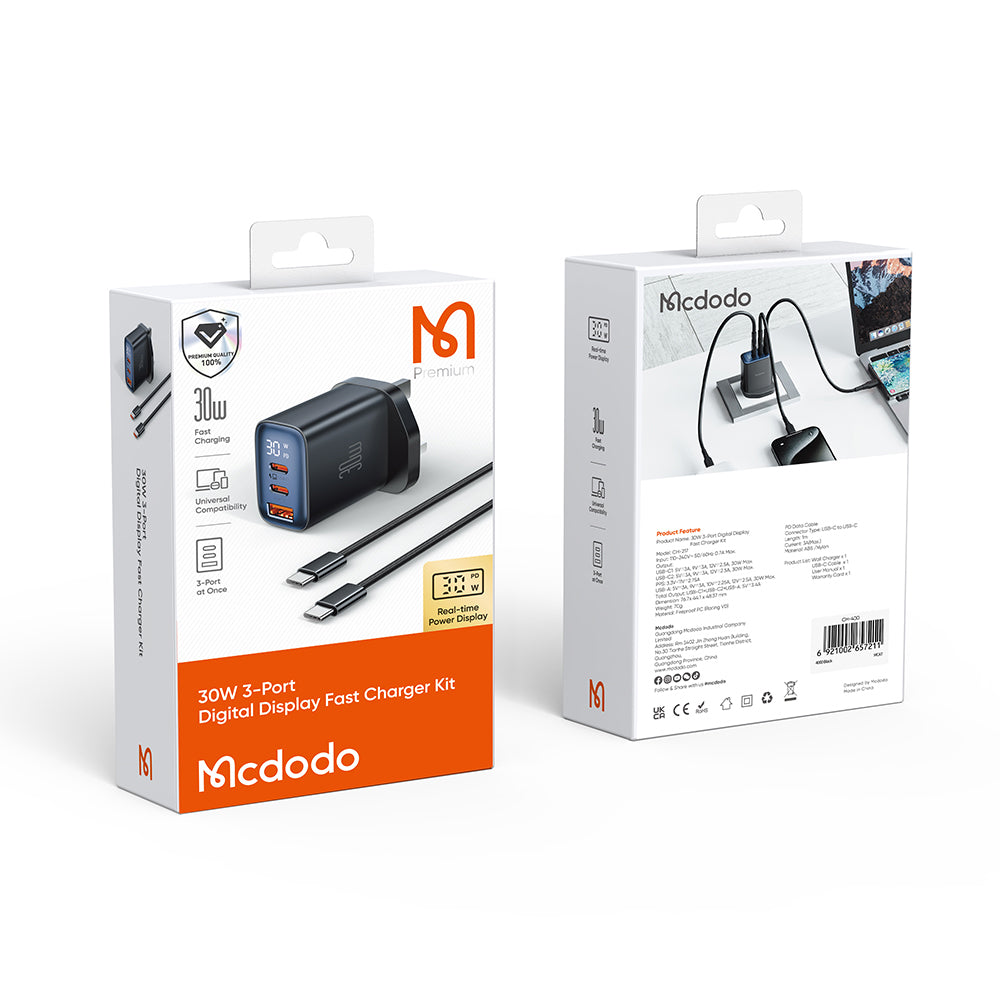 MCDODO 30W 3-Port Digital Display Fast Charger + USB-C to C Cable (Combo Set)