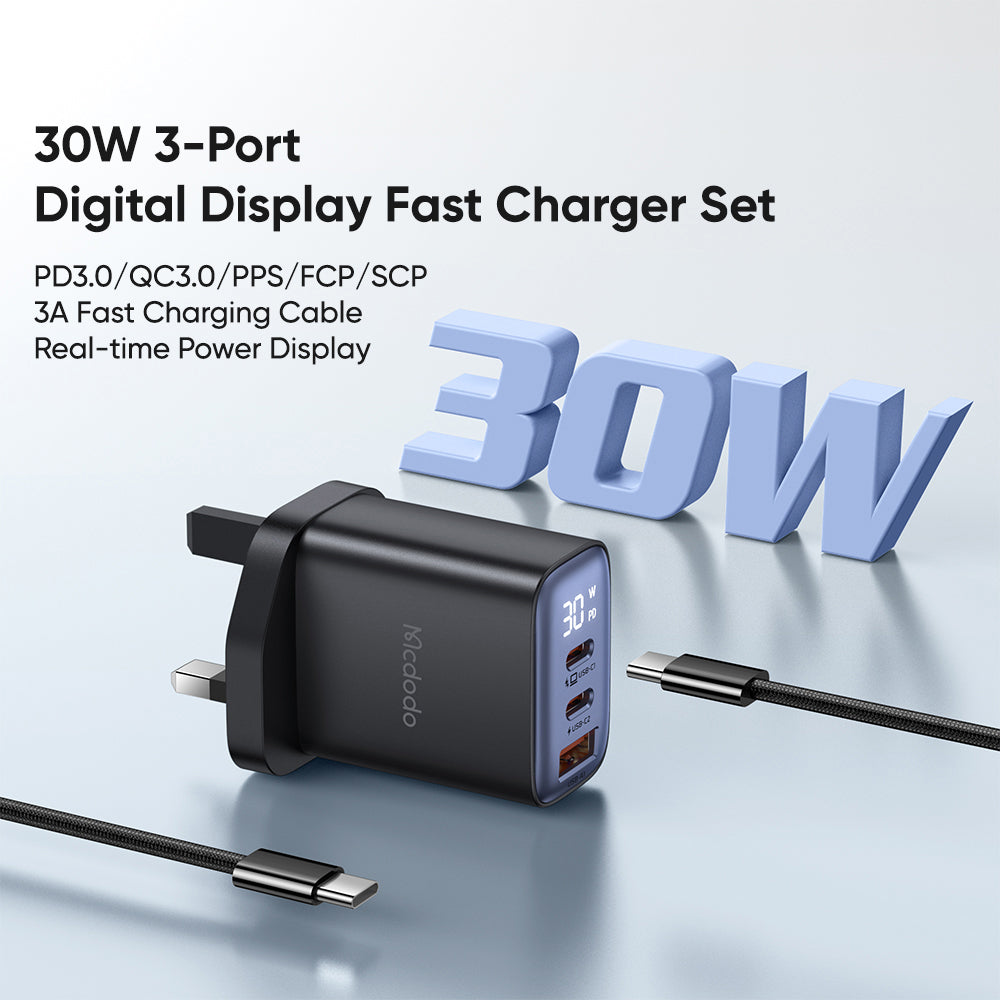 MCDODO 30W 3-Port Digital Display Fast Charger + USB-C to C Cable (Combo Set)