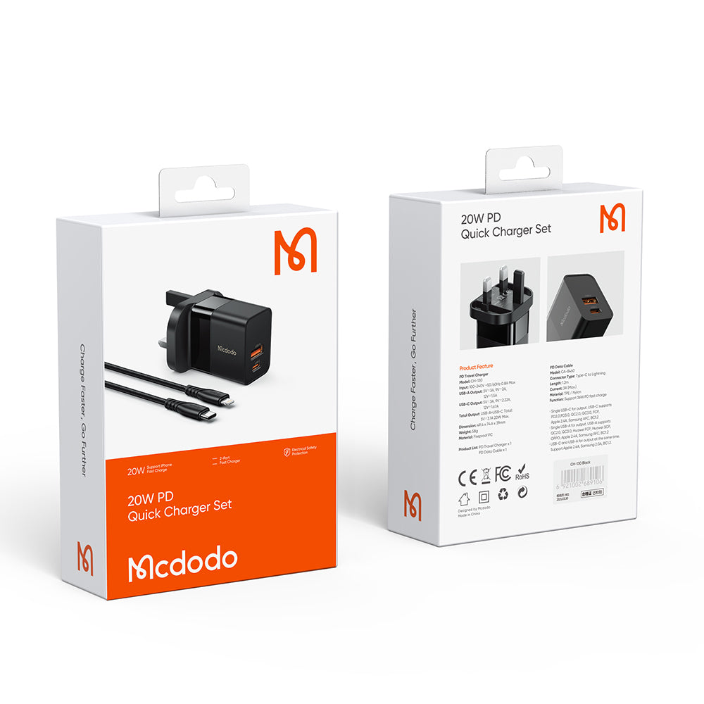MCDODO 20W PD Charger + PD Type C to iPhone Cable Combo Pack