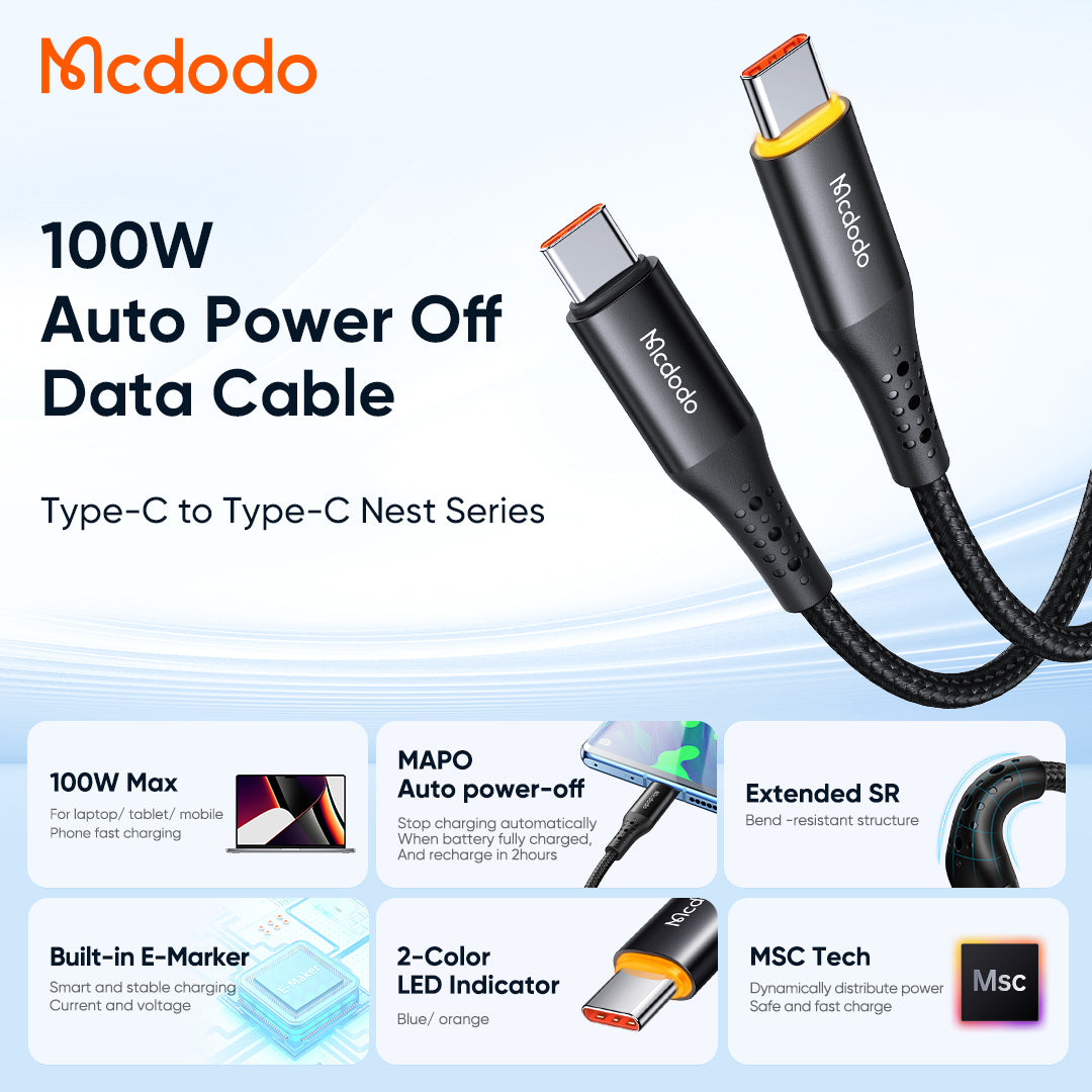 MCDODO 100W USB-C to C (QC, Power Delivery Auto Disconnect Cable) 1.2M - CA3460