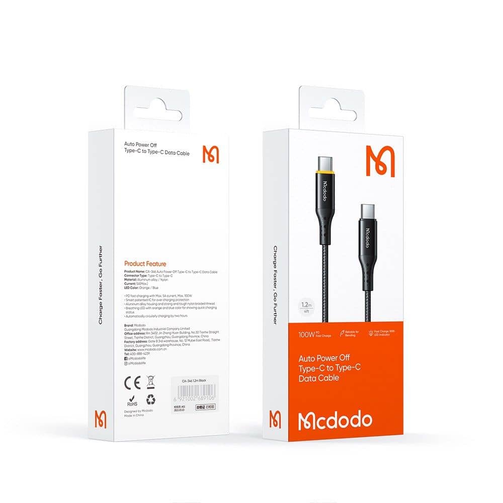 MCDODO 100W USB-C to C (QC, Power Delivery Auto Disconnect Cable) 1.2M - CA3460