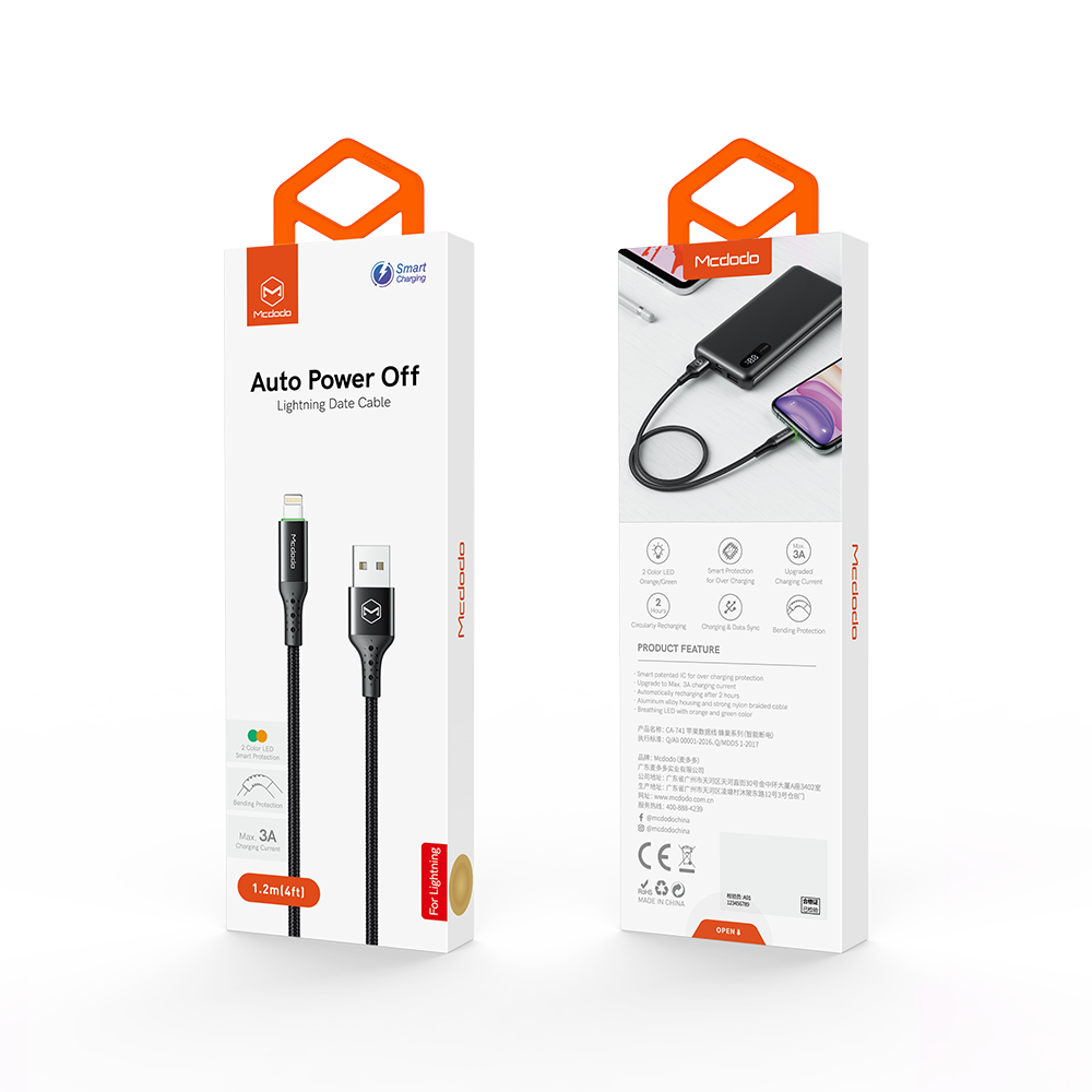 MCDODO iPhone Lightning to USB (AUTO POWER OFF, LED Cable) 1.2M - CA7410