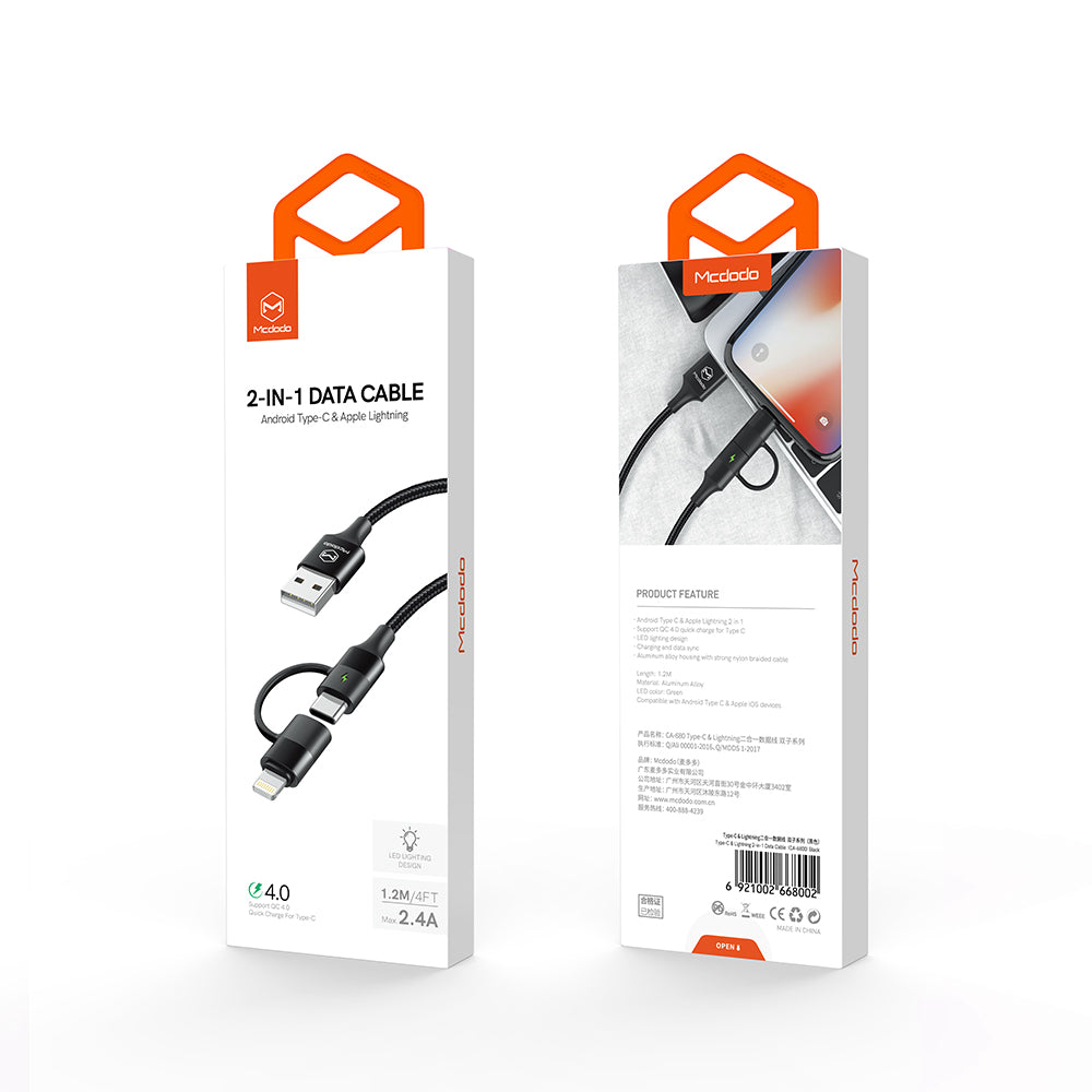 MCDODO USB Cable 2 in 1 Type-C + lightning Fast Charging Cable For iPhone - CA6800