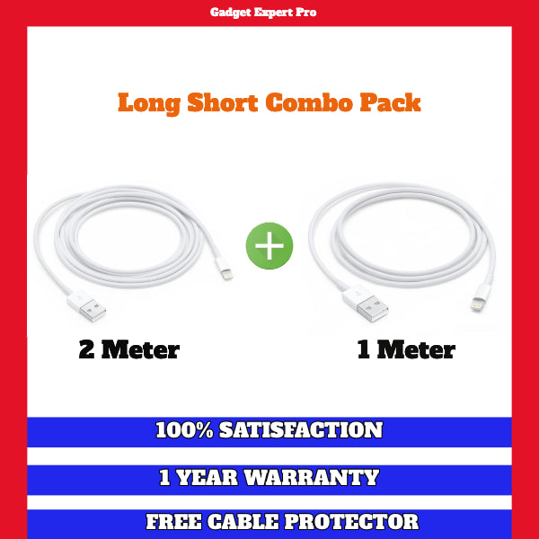 Original Apple iPhone Cable Lightning To USB For IPhone IPad IPod 2 Meter + 1 Meter - Combo Pack 3